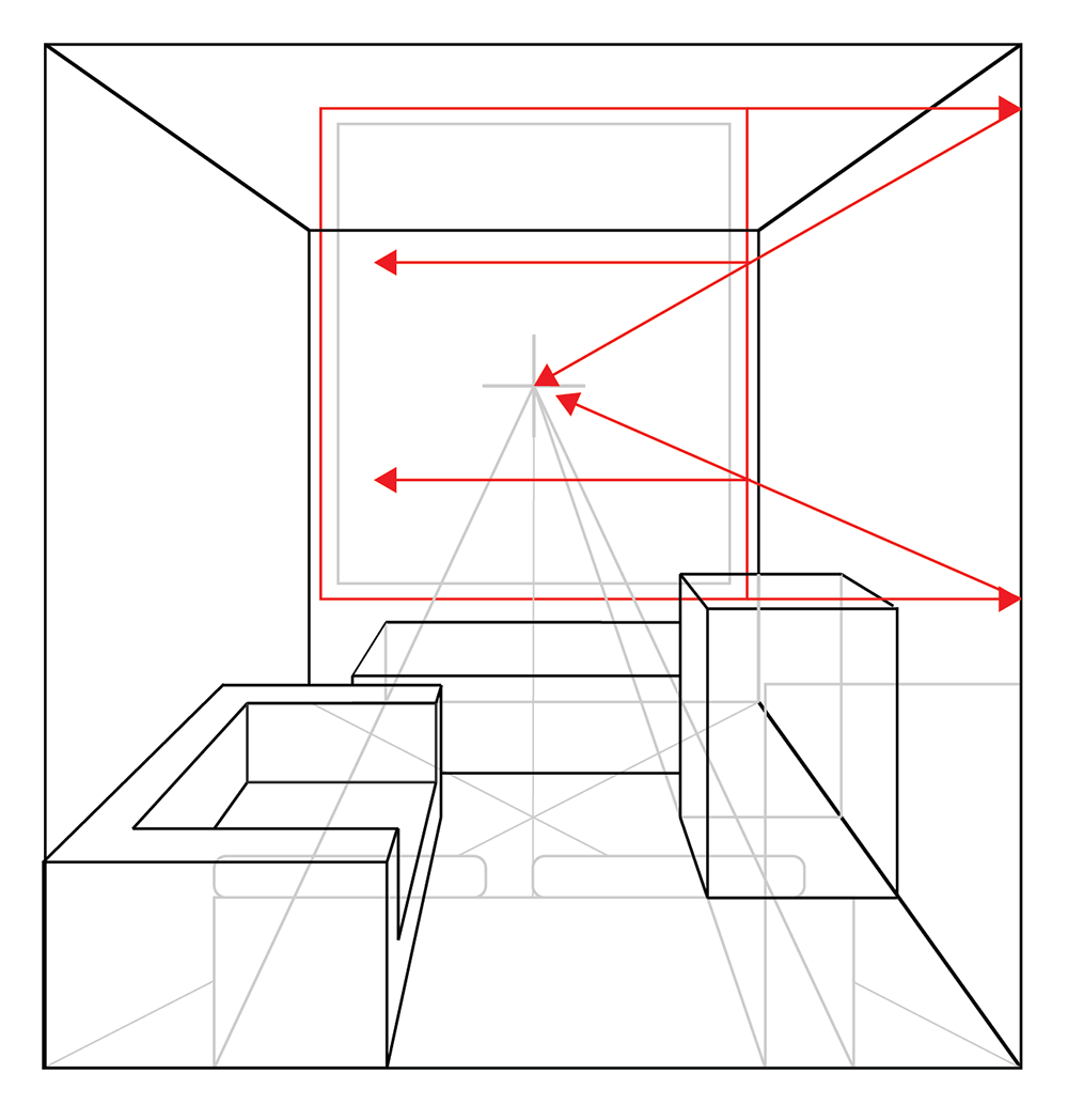 A black and white drawing of a room in two-point perspective with red arrows pointing from the corners of objects to a single vanishing point on the back wall. Geometric shapes represent furniture.