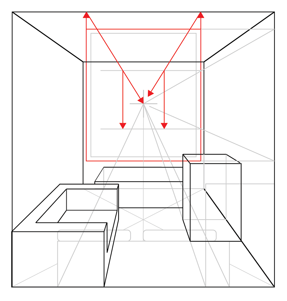 A geometric line drawing of a room in perspective, featuring boxes resembling furniture and red arrows pointing toward a vanishing point at the center of the far wall, illustrating perspective lines and depth.