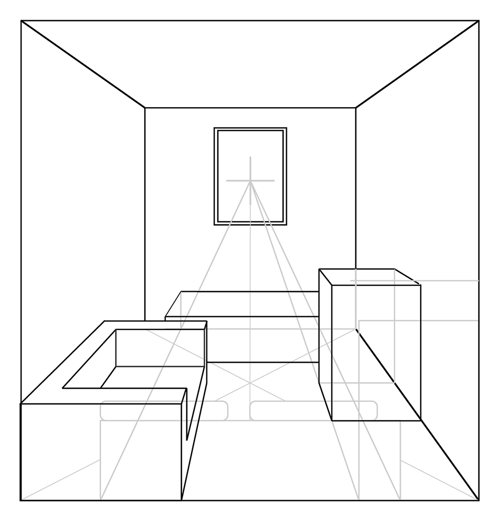 Line drawing of a simple room in one-point perspective, showing a bed, rectangular furniture pieces, and a framed object on the back wall, with construction lines leading to a central vanishing point.