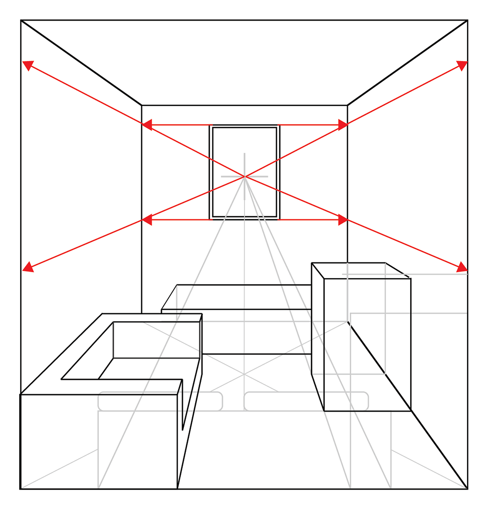 A line drawing of a room using one-point perspective, with red arrows showing perspective lines converging at a single vanishing point in the center of a back wall window. Basic furniture shapes are included.