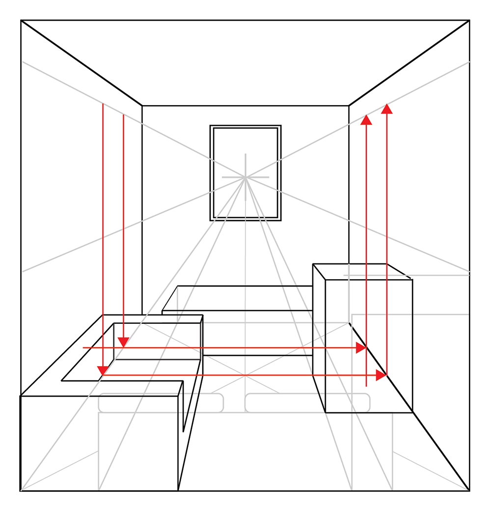 A one-point perspective line drawing of a room with furniture, featuring red arrows showing vertical and horizontal measurements and lines converging toward a single vanishing point on the back wall.