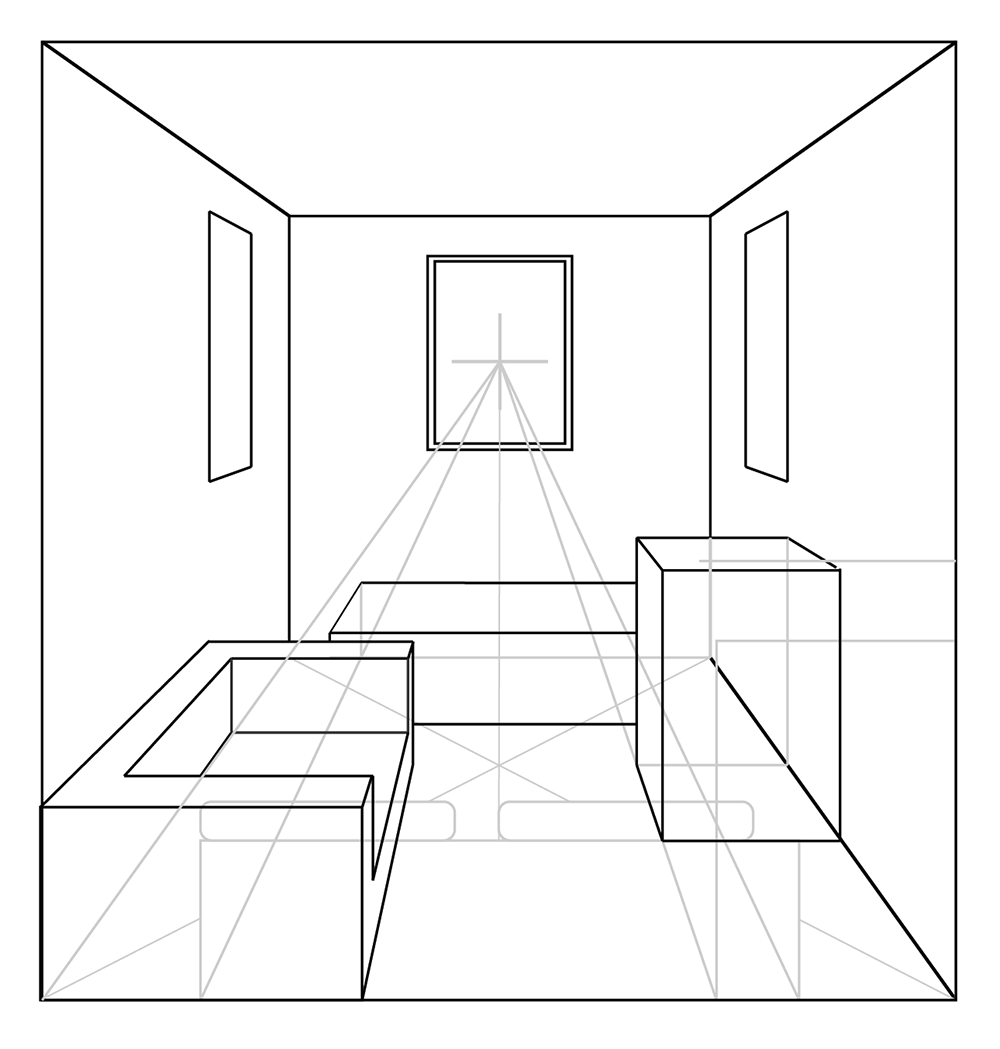Line drawing of a room in one-point perspective, showing walls, ceiling, floor, two sofas, a table, and three windows. Perspective lines converge at a single vanishing point on the back wall.