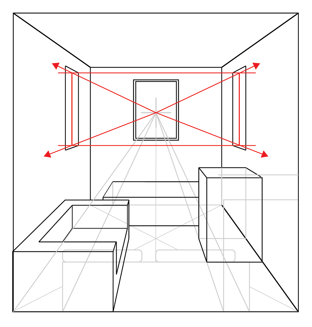 A black and white line drawing of a room in one-point perspective, featuring a window, furniture, and red diagonal perspective lines converging at the vanishing point on the back wall.