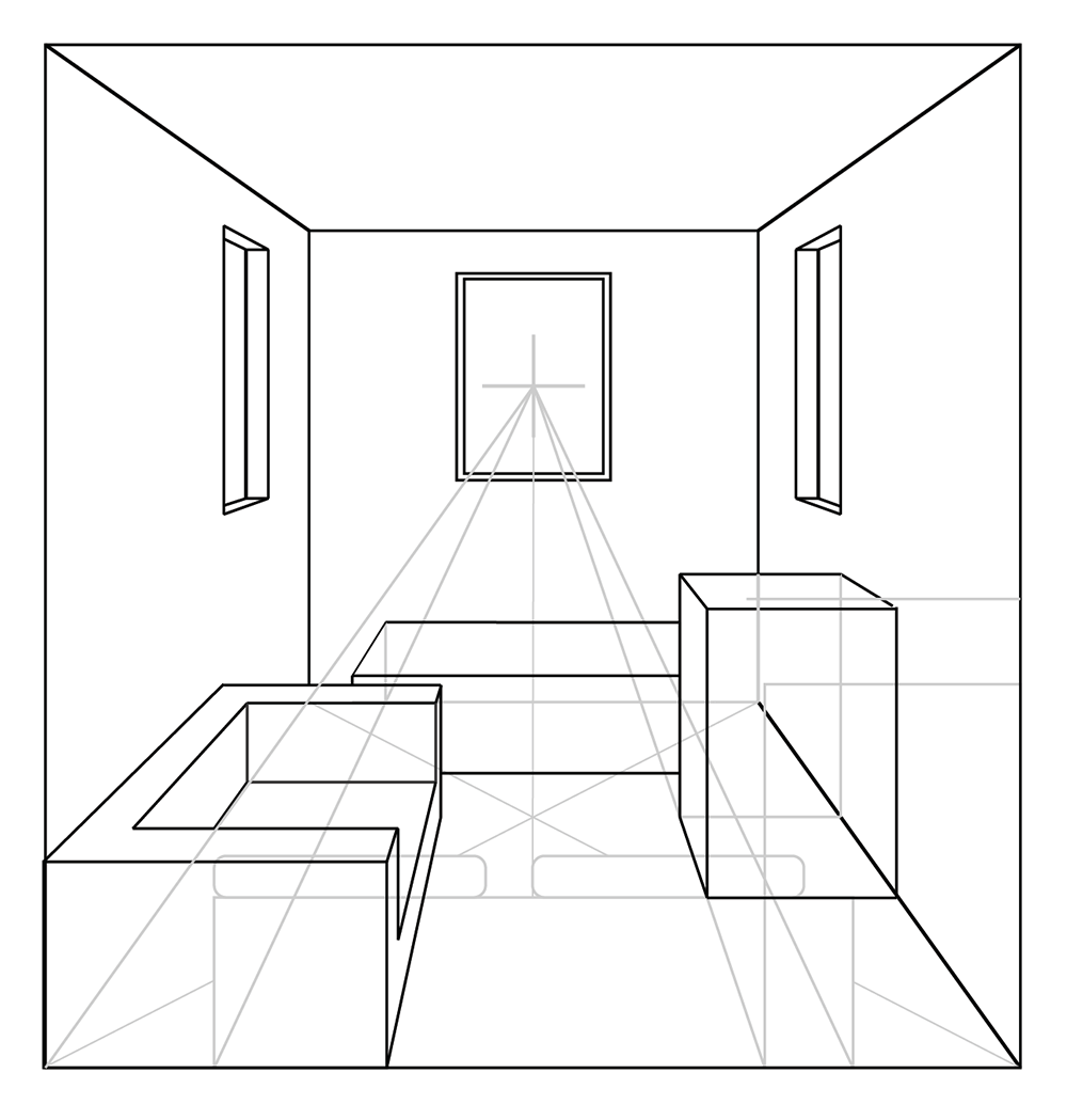 Line drawing of a simple room in one-point perspective, showing a window on the far wall, two side windows, a sofa on the left, a table in the center, and a rectangular cabinet on the right. Perspective guidelines are visible.