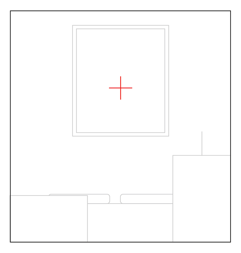 A minimalist line drawing of a room with a large, square frame on the wall containing a red plus sign, a low bench or table below, and a taller rectangular structure on the right side.