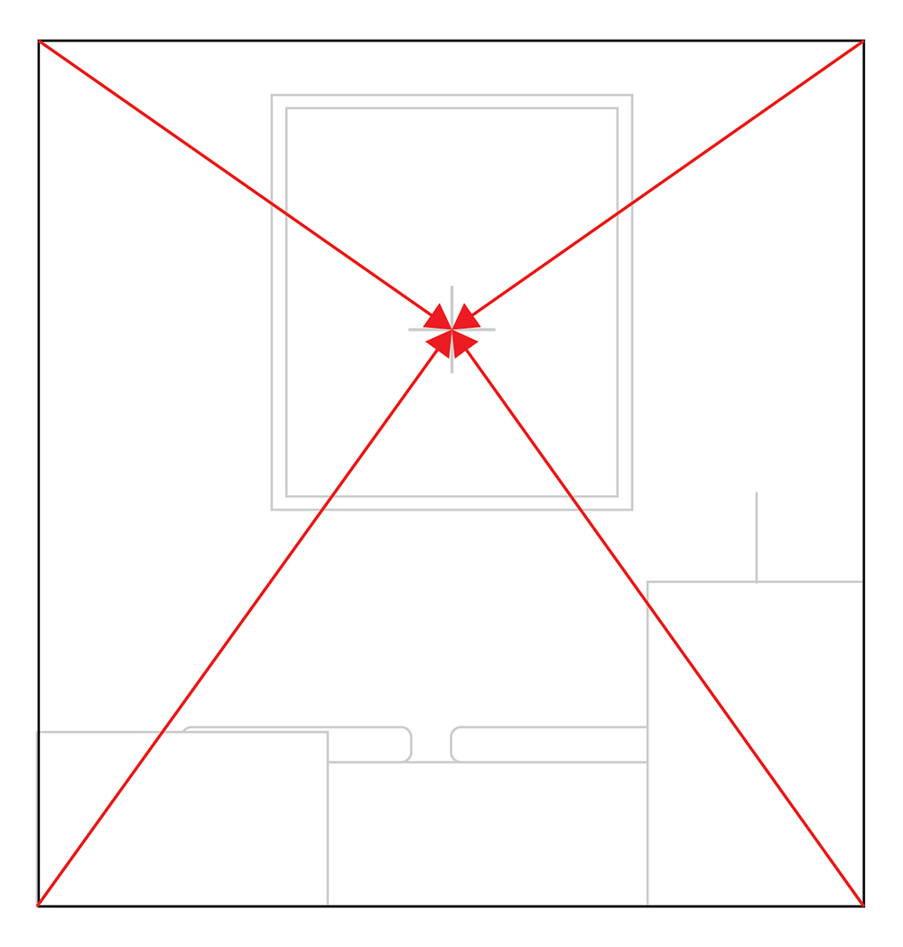 A minimalist line drawing of a room with a window, sofa, and table. Red diagonal lines with a starburst intersect at the center, illustrating the vanishing point in one-point perspective.