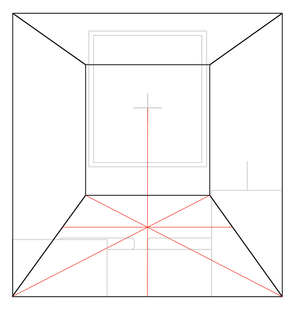 A simple line drawing showing a perspective grid with vanishing lines in red converging at a single point on the horizon, overlaid on outlines of a table, a window, and furniture.