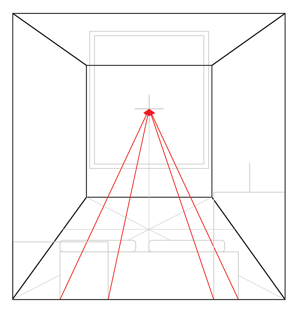 A line drawing of a room in one-point perspective, with red lines converging from the edges of furniture to a single vanishing point on the back wall.