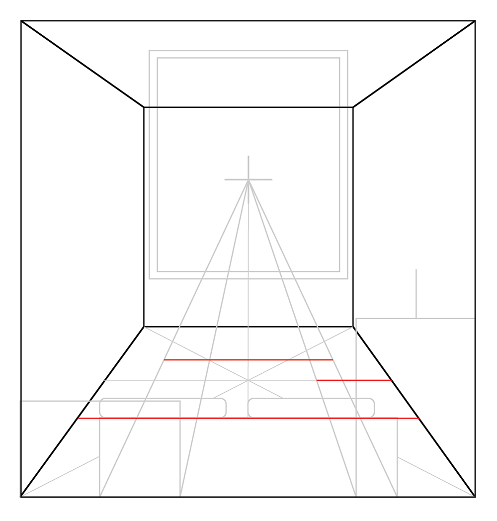 A geometric perspective drawing shows a room with a square window, benches, and red horizontal lines indicating perspective guides, all converging toward a vanishing point at the center back wall.