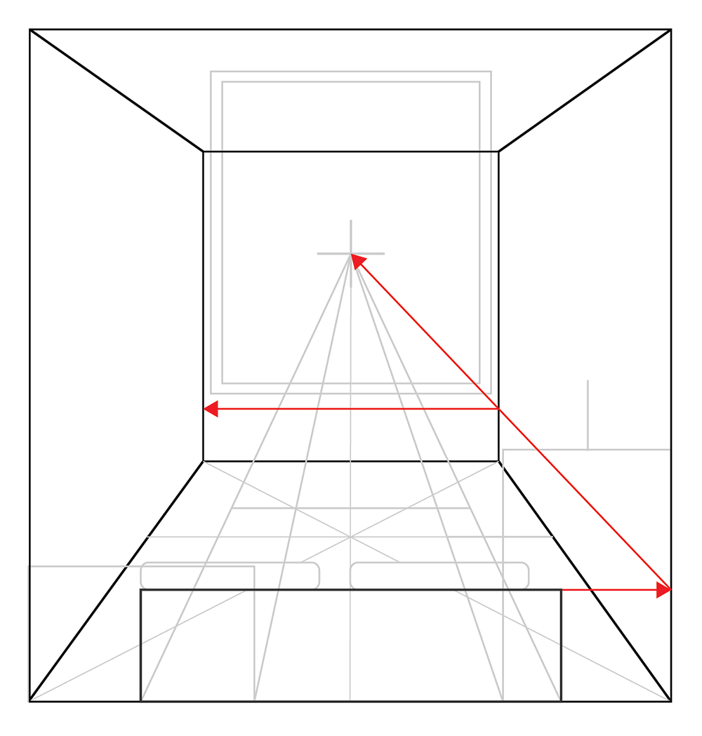 Line drawing of a room in one-point perspective, with red arrows and lines showing how objects recede towards a single vanishing point at the center of the back wall.