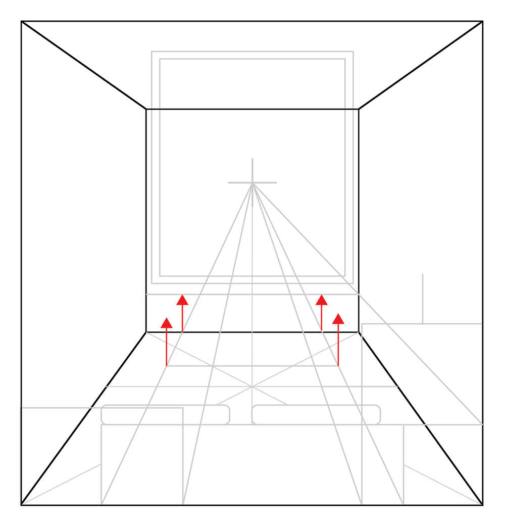 A perspective drawing of a room with a window, furniture, and red arrows pointing to the window’s bottom edge where perspective lines converge toward a central vanishing point.