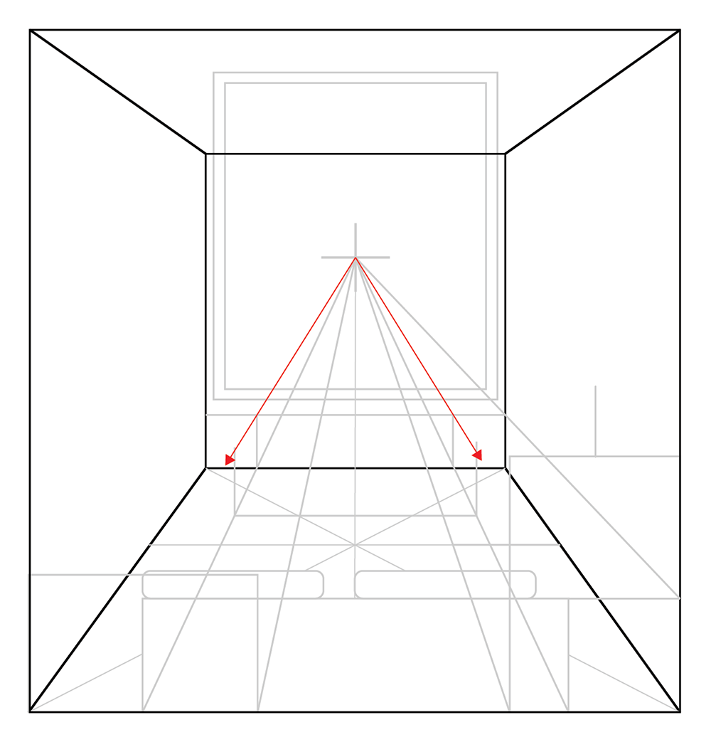 A perspective drawing of a room with red arrows pointing to vanishing points on the horizon line, demonstrating linear perspective with faint outlines of windows and furniture.