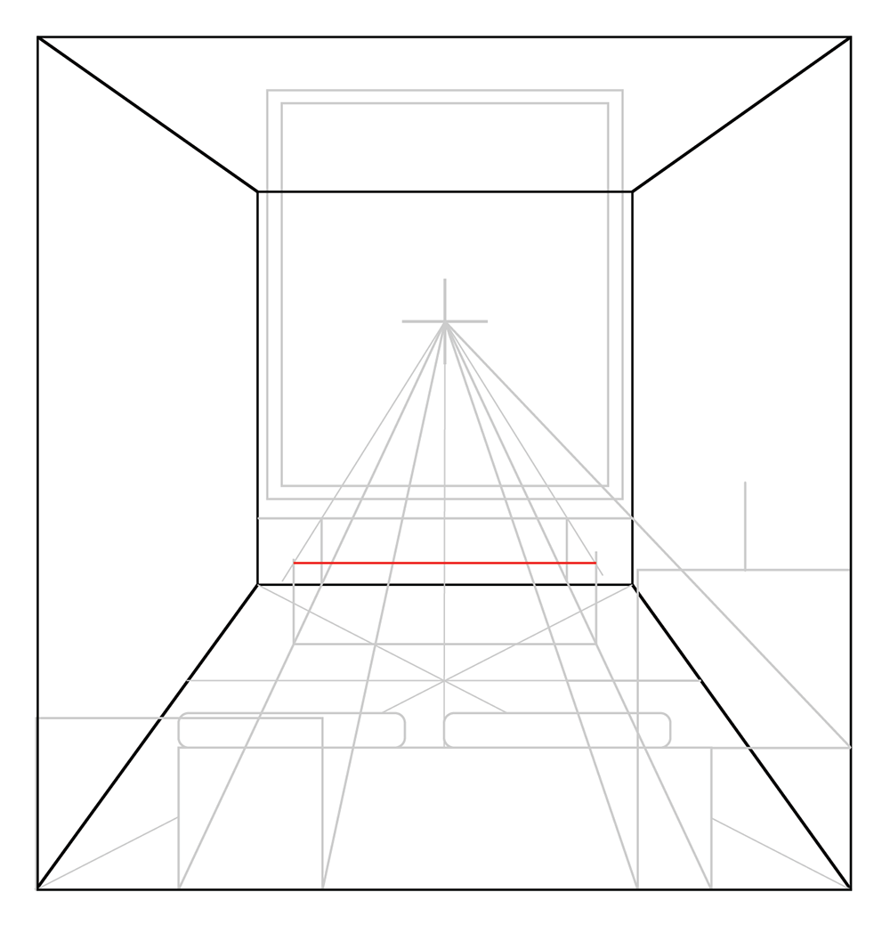 A geometric line drawing showing a room in one-point perspective, with vanishing lines converging at a central point on the back wall. Red lines highlight the top and bottom edges of a rectangular object.