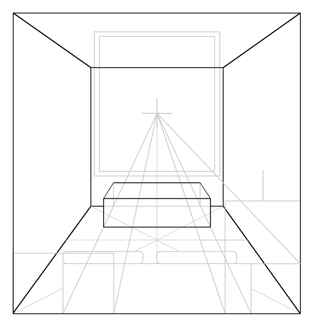 A black-and-white line drawing of a room in one-point perspective, showing a bed in the center, a window on the far wall, and faint outlines of furniture and perspective lines converging at a single vanishing point.