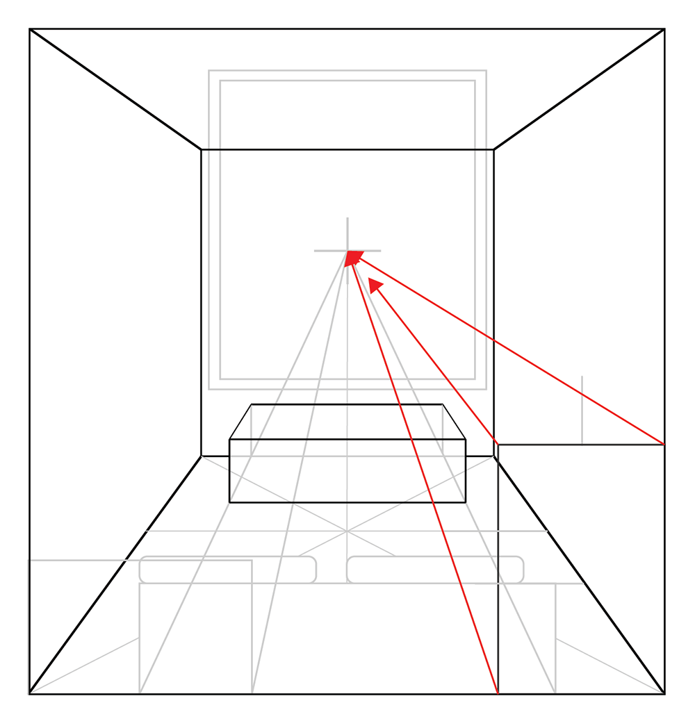 A perspective drawing of a room with a couch and a table, showing red lines converging to a single vanishing point on the back wall to illustrate one-point perspective.