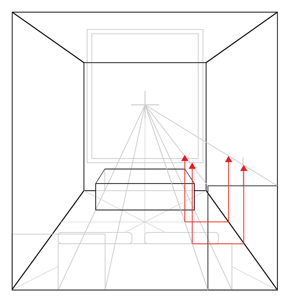 A perspective drawing of a room with a bed, showing red arrows pointing upward from different sections of the bed to the vanishing point at the center of the back wall.
