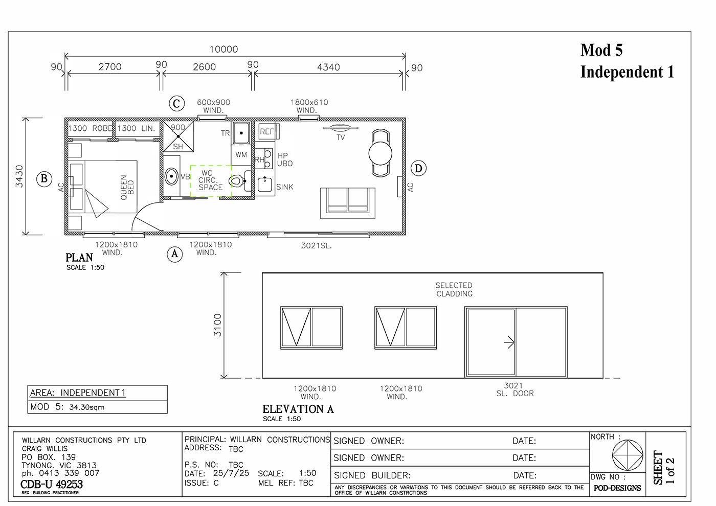 Architectural floor plan and elevation of a small rectangular house, showing one bedroom, bathroom with WC and shower, kitchen, living room, two windows, and a sliding door. Technical labels and measurements are included throughout.