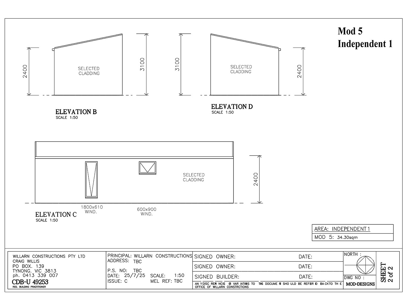 Architectural drawing showing three elevations (B, C, D) of a rectangular building with pitched and flat roof sections, labeled dimensions, windows, and cladding details. Title block and construction information included at the bottom.