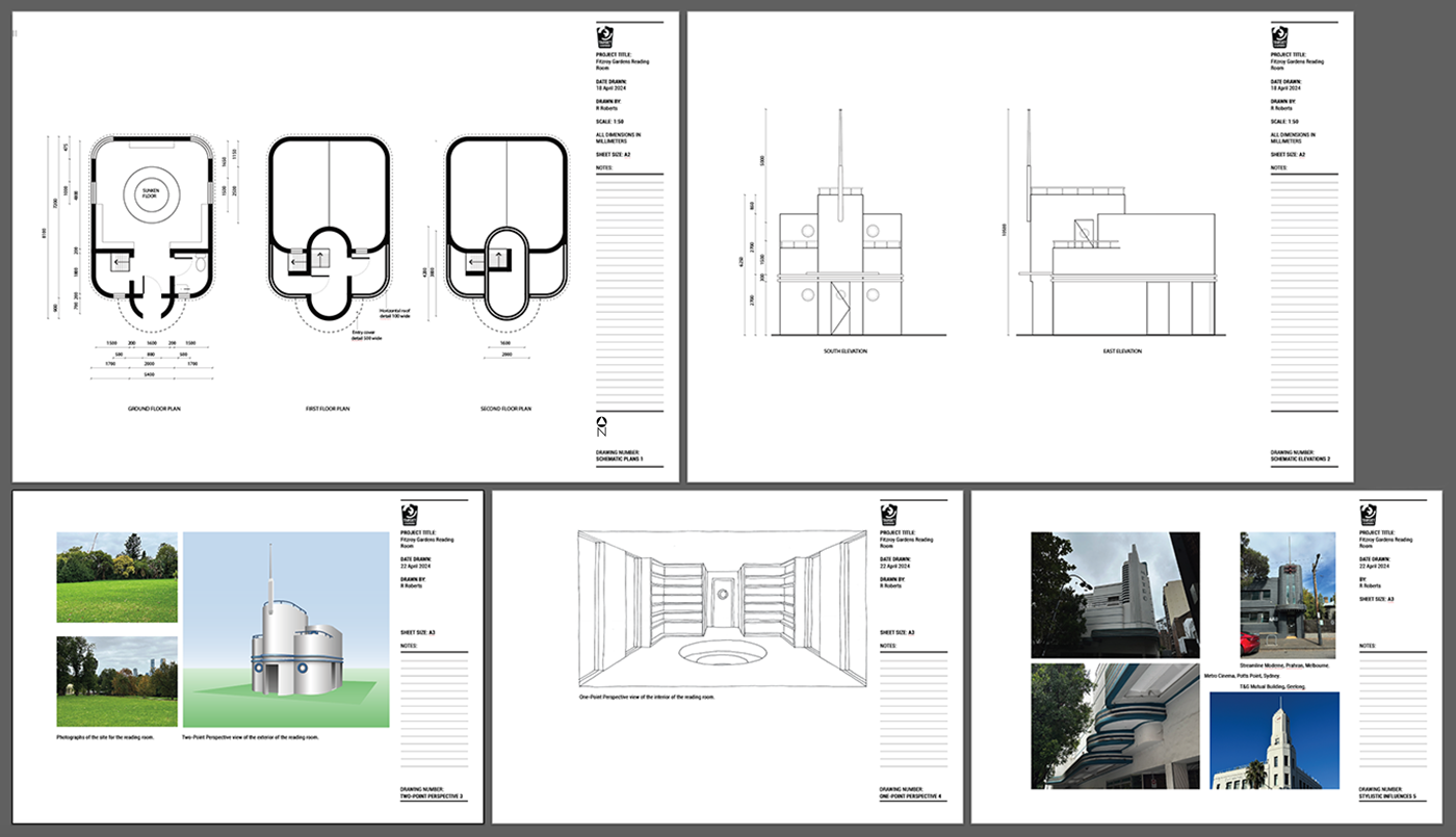A digital collage of five architectural drawings and reference images. The drawings show floor plans, elevations, and a perspective view of a building. Reference photos of real buildings are displayed in the bottom right panel.