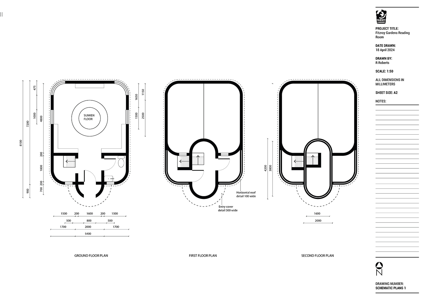 Architectural drawing showing ground, first, and second floor plans of a building, each labeled with dimensions and features such as staircases, rooms, and doors, with notation for a void in the middle.