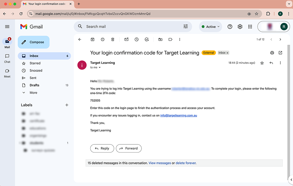 A Gmail inbox is open on a computer screen, displaying an email titled Your login confirmation code for Target Learning. The email includes a 6-digit code and login instructions. The left sidebar shows inbox folders and navigation options.