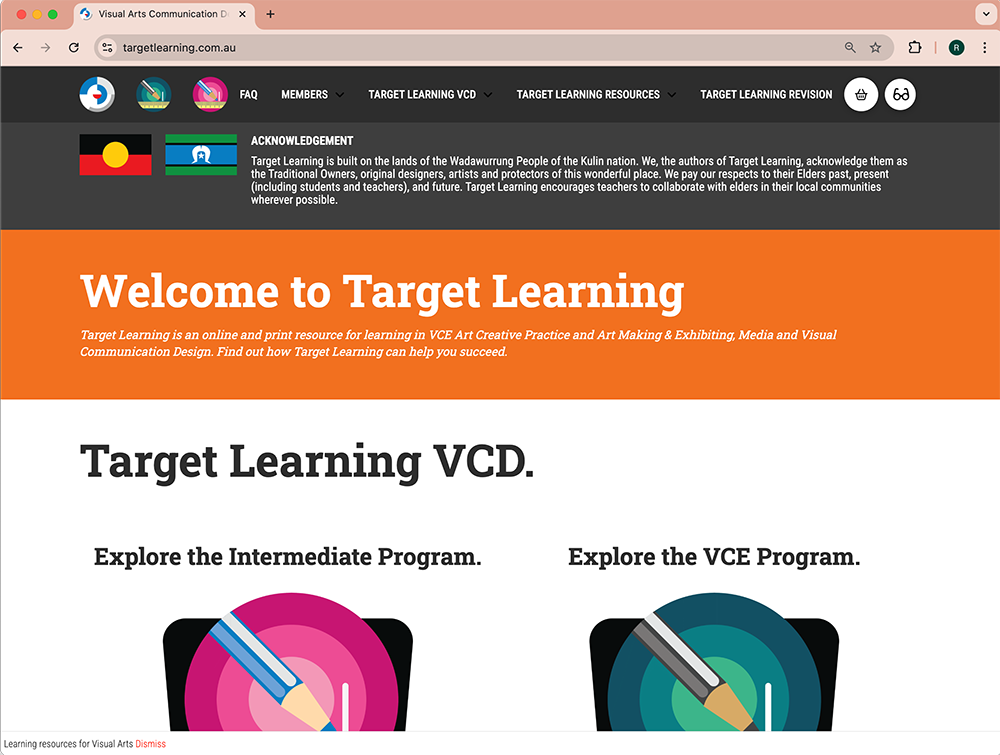 Screenshot of the Target Learning website featuring a welcome message, description of programs in VCE Art Creative Practice and Visual Communication Design, and illustrations of art tools under two program headings.