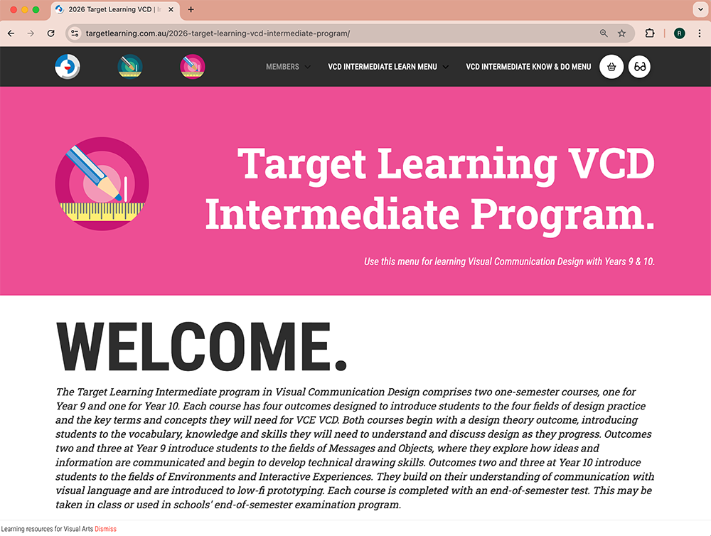 Screenshot of a webpage for the Target Learning VCD Intermediate Program, with instructions for Years 9 and 10. The page includes a pink banner with a circular graphic and text, and a Welcome section explaining the program.