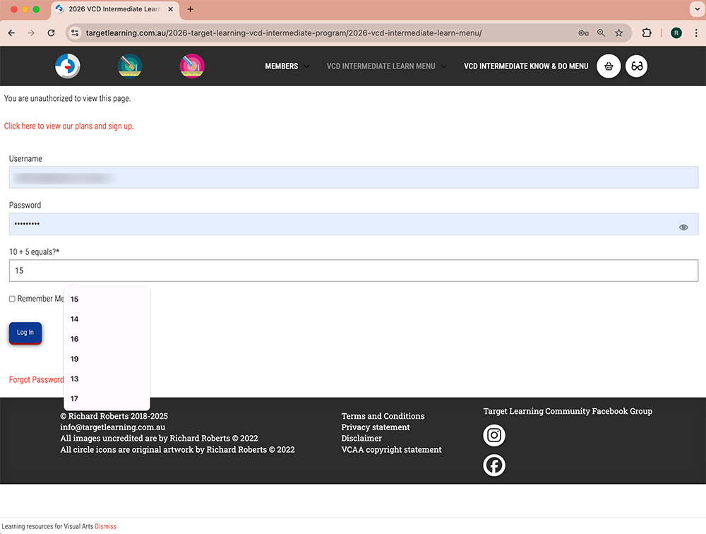 A login page for a learning platform with fields for username, password, and a math captcha. There are “Log in” and “Forgot Password” options, with site links and copyright information at the bottom.