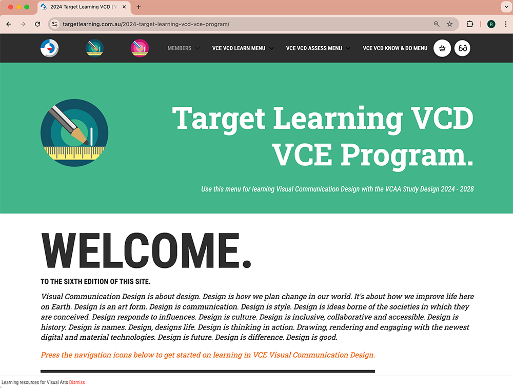 Screenshot of a website titled Target Learning VCD VCE Program with instructions for using the menu for learning Visual Communication Design. Below, a large Welcome heading is followed by descriptive text about the site.