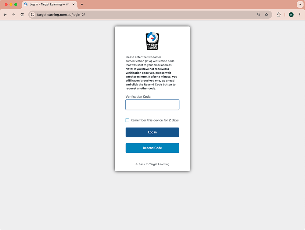 A web browser displays a two-factor authentication login page for Target Learning, prompting the user to enter a verification code with options to remember the device or resend the code.