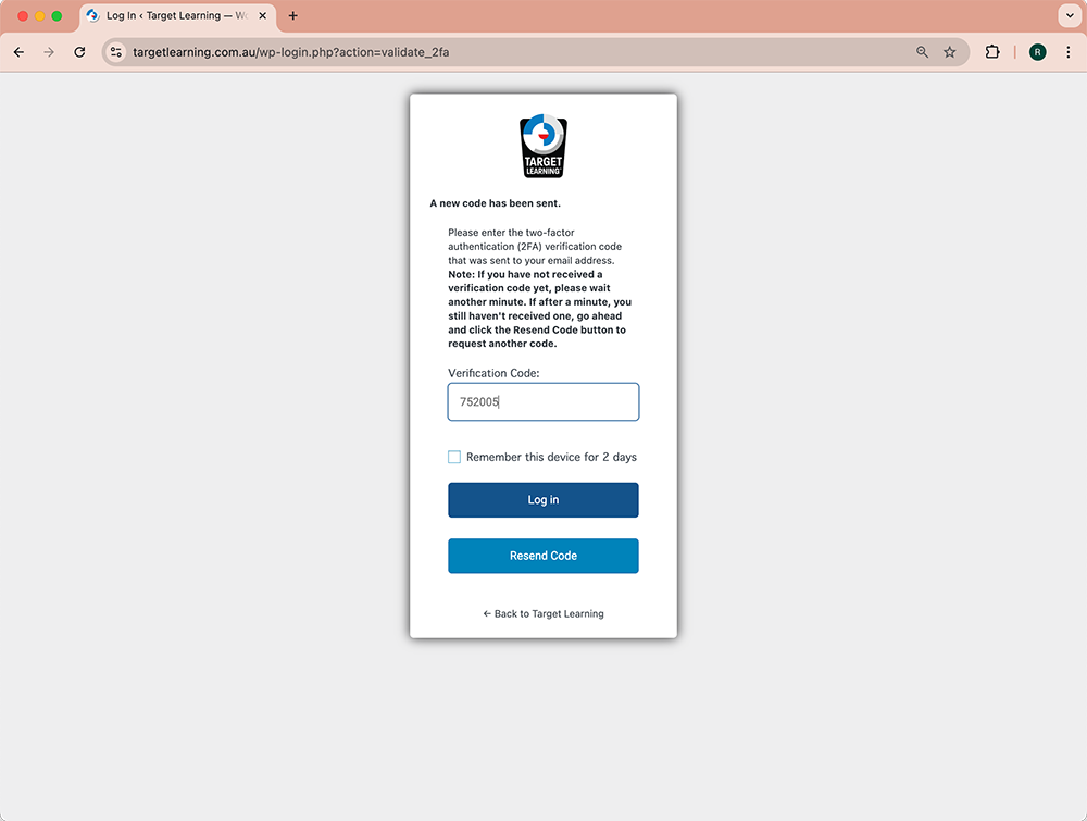 A two-factor authentication page for Target Learning requests a verification code, with input fields for the code, Remember this device for 2 days checkbox, and Log in and Resend Code buttons.