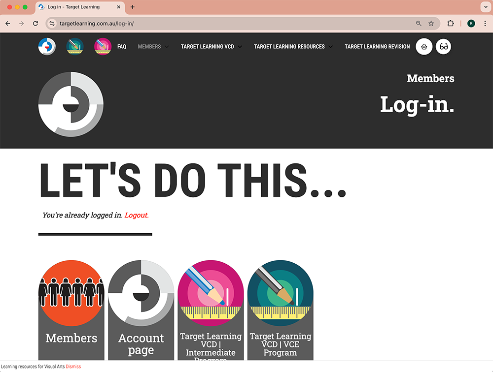 A website login page with bold text saying LETS DO THIS... and buttons for Members, Account page, and two Target Learning VCD programs, displayed with colorful icons on a white background.