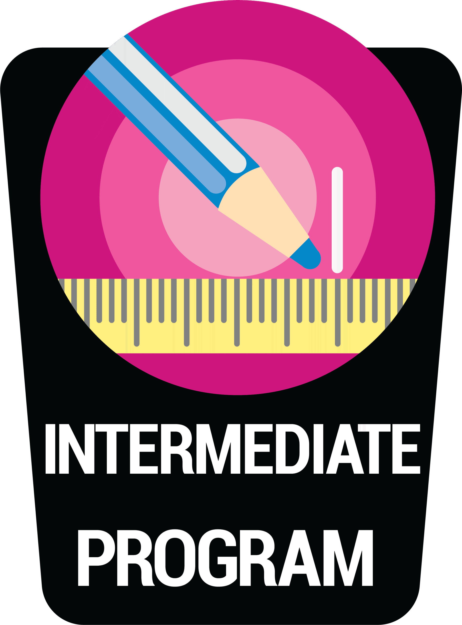 A badge with a pencil and ruler graphic inside a pink circle above the words INTERMEDIATE PROGRAM in bold white letters on a black background.