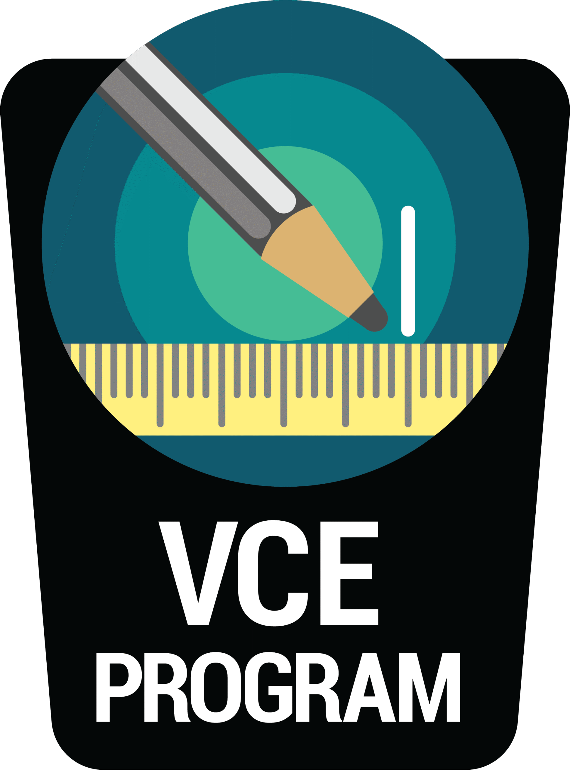 A graphic logo showing a pencil drawing a vertical line inside a green circle above a yellow ruler, with the text “VCE PROGRAM” beneath on a black background.