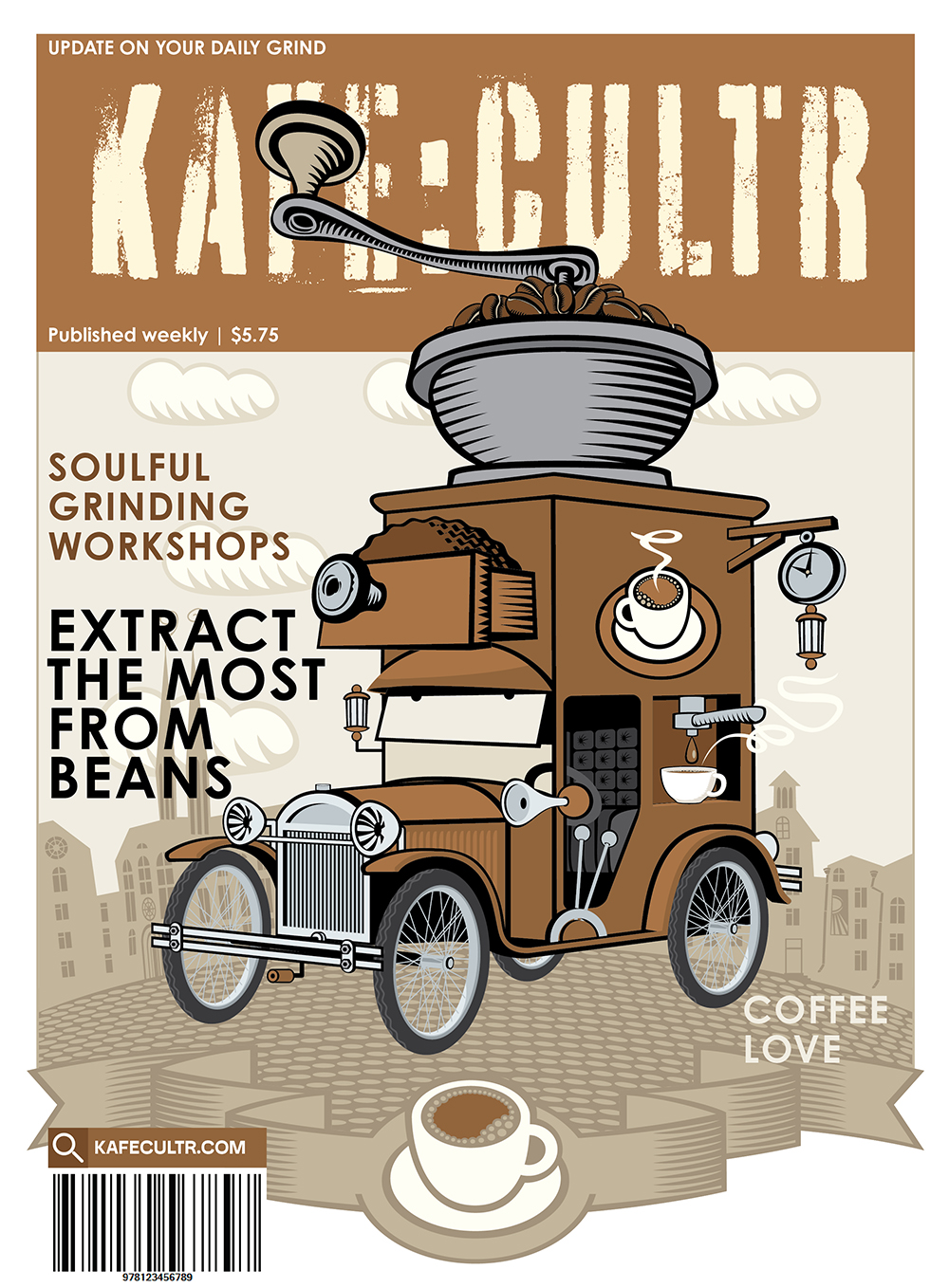 Magazine cover illustration of a vintage car designed as a coffee grinder, with coffee beans on top and cups around. Text reads Soulful Grinding Workshops and Extract the Most from Beans. Coffee and cityscape background.