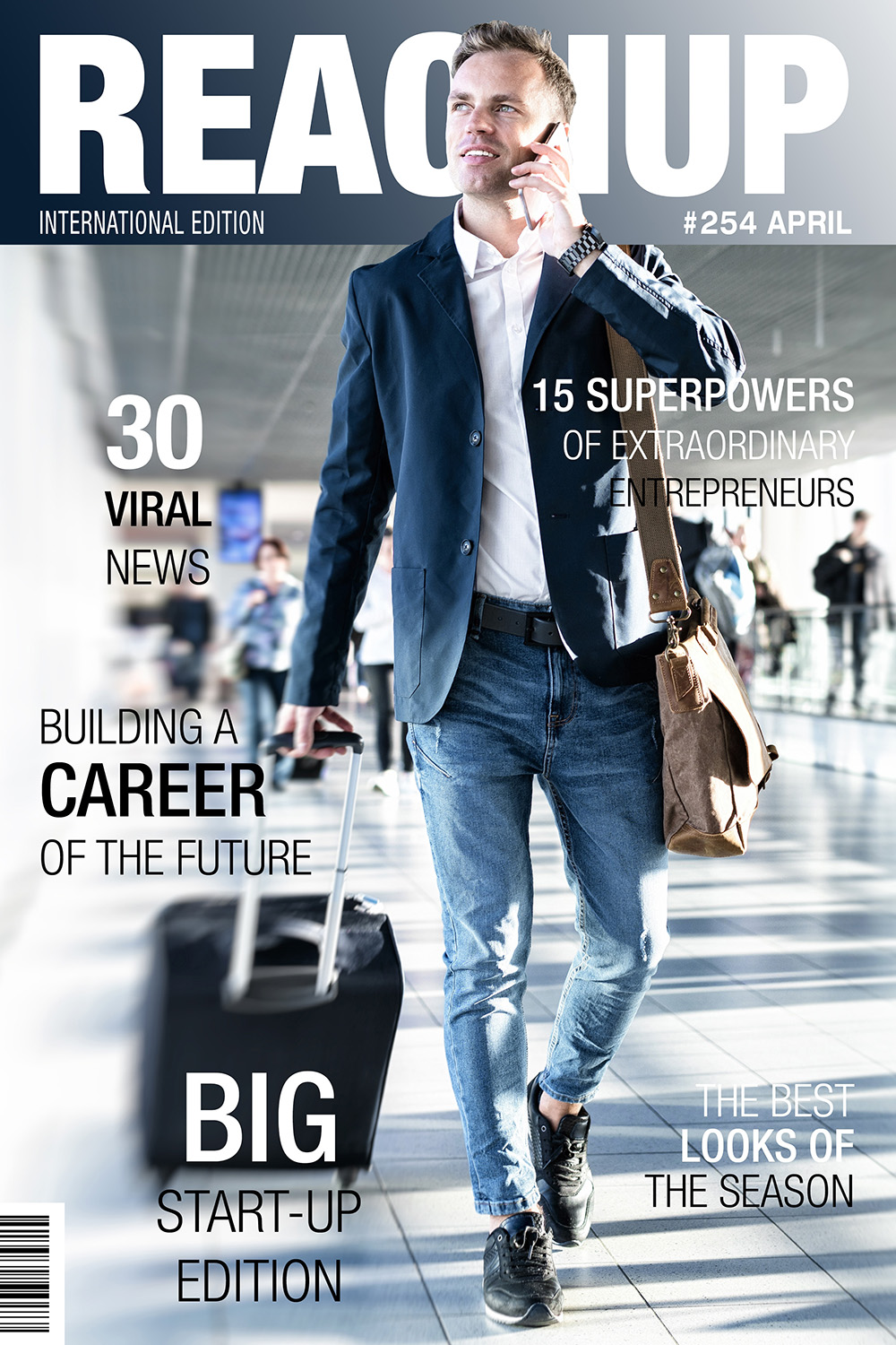 A man in a suit jacket and jeans walks confidently through an airport, carrying a suitcase and a shoulder bag. Magazine cover headlines highlight entrepreneurship, career building, viral news, and startup trends.
