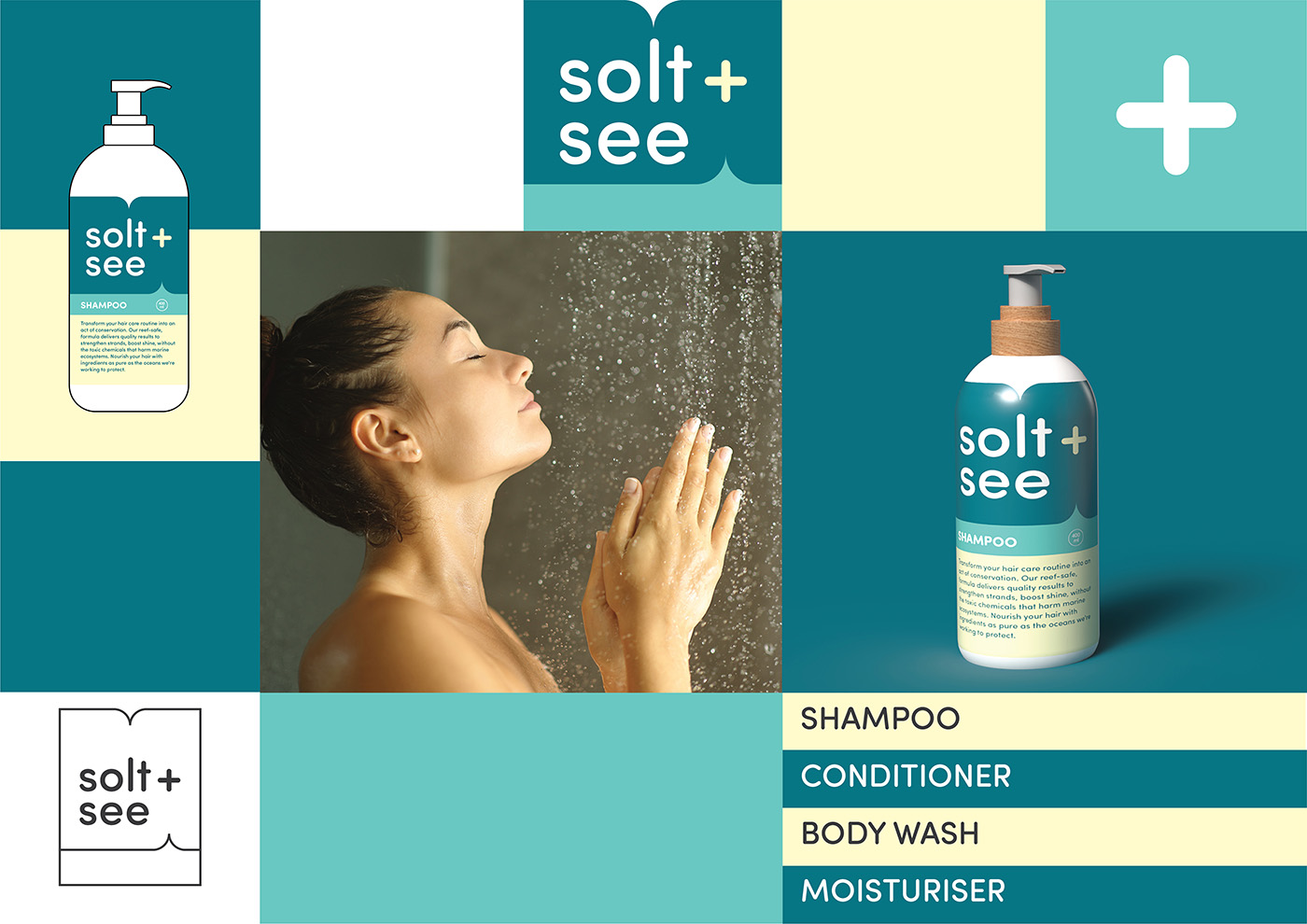 A woman enjoys a shower under running water, surrounded by Solt + See branded shampoo bottles and a product list: shampoo, conditioner, body wash, and moisturiser, in teal, cream, and yellow tones.