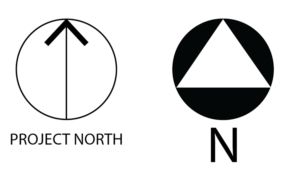 Two black and white symbols indicating Project North: left, an upward arrow inside a circle above the text “PROJECT NORTH”; right, a triangle atop a half-circle above the letter “N”.