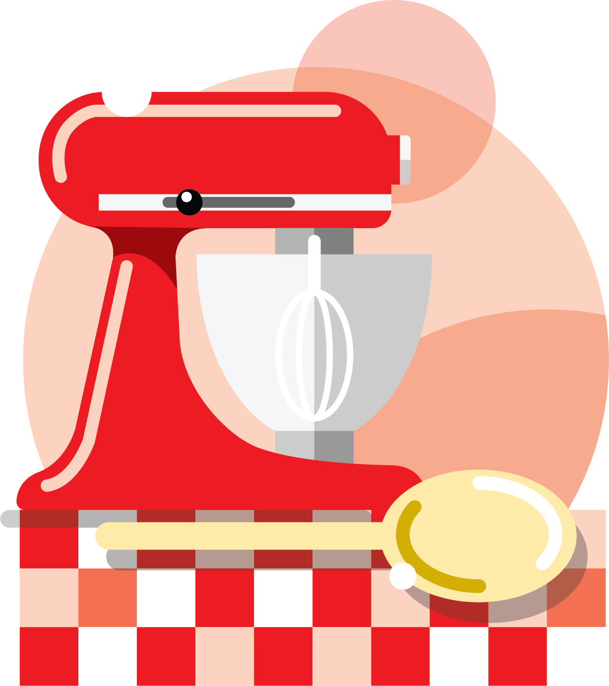 A red stand mixer with a whisk attachment and a white bowl sits on a red-and-white checkered surface. A large yellow spoon lies in front, with abstract orange circles in the background.