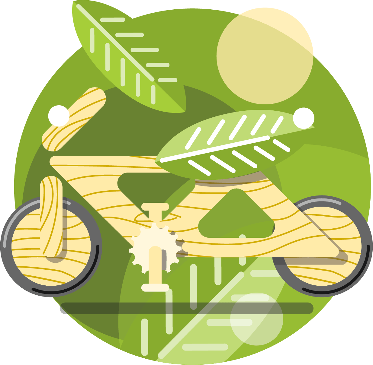 Illustration of a bicycle made of wood with leaf and wood patterns on its frame and wheels, set against a green circular background with abstract leaf shapes and sunlight.