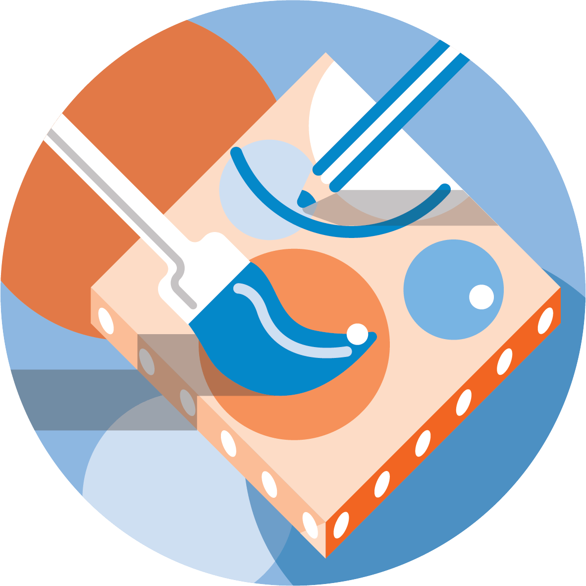 An abstract illustration of a medical procedure showing tools interacting with a section of tissue, depicted with geometric shapes in blue and orange tones.