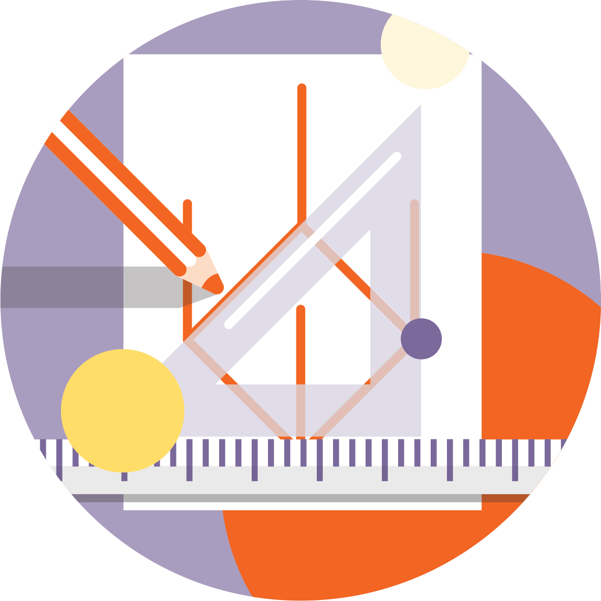 Abstract illustration of geometric drawing tools including a pencil, ruler, and protractor on paper with charts and shapes in purple, orange, and yellow tones.