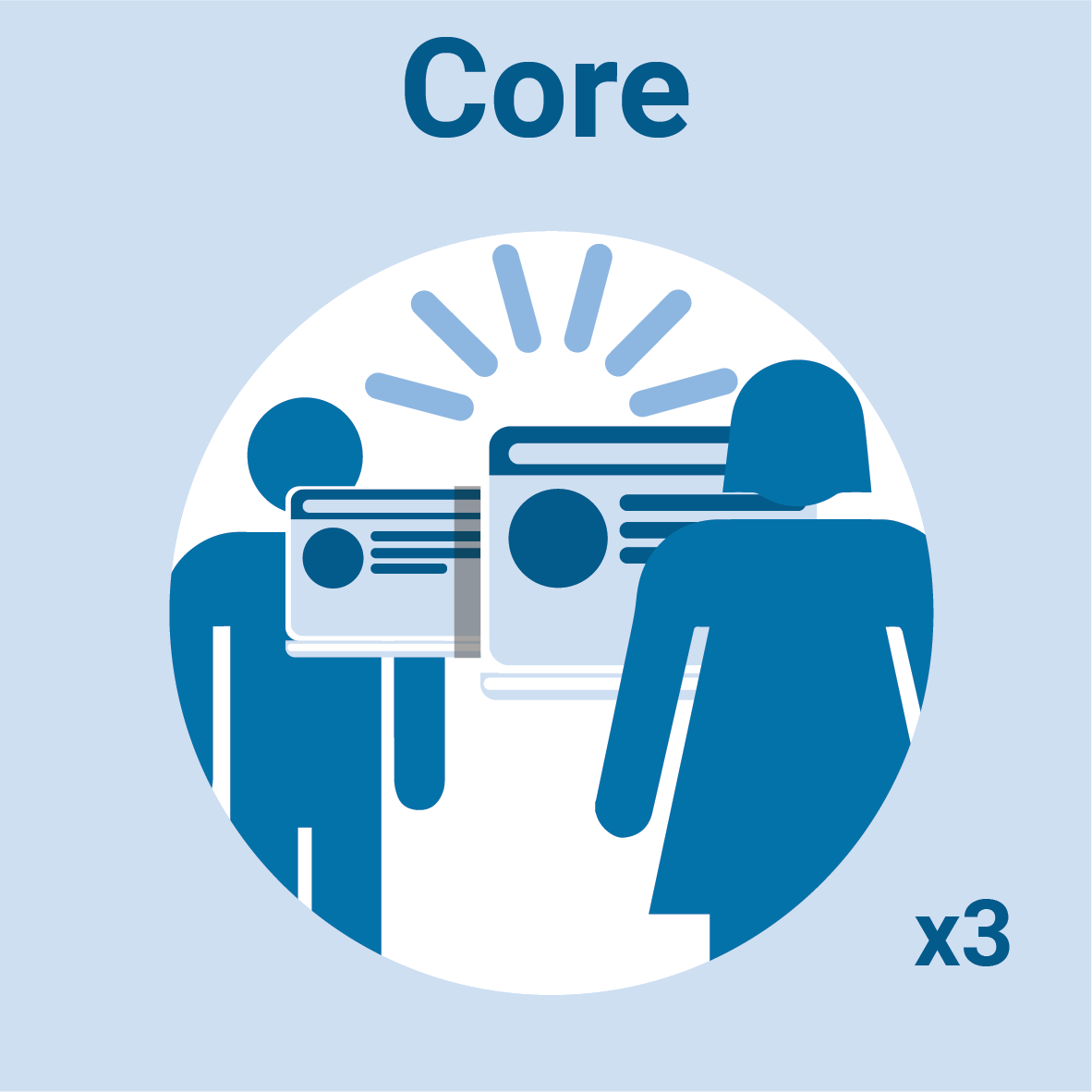 Illustration of two people holding documents or cards with text and images. The word Core appears above them, and x3 is shown in the lower right corner. Blue and white color scheme.