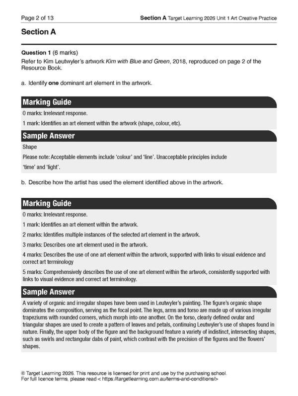 A sample page from the 2026 Art Creative Practice Unit 1 Examination showing a question on identifying a dominant art element, a model answer, detailed marking guide, and copyright details at the bottom.