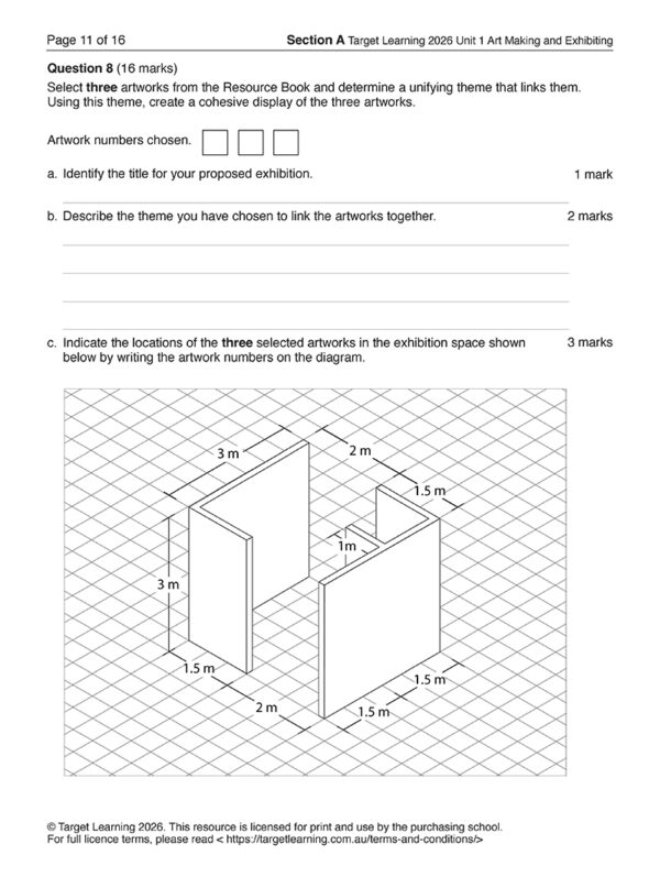 A diagram of an exhibition space for the 2026 Art Making & Exhibiting Unit 1 Examination shows three labeled walls (A, B, C), dimensions in meters, and blank rectangles indicating artwork spots with spacing lines from each wall.