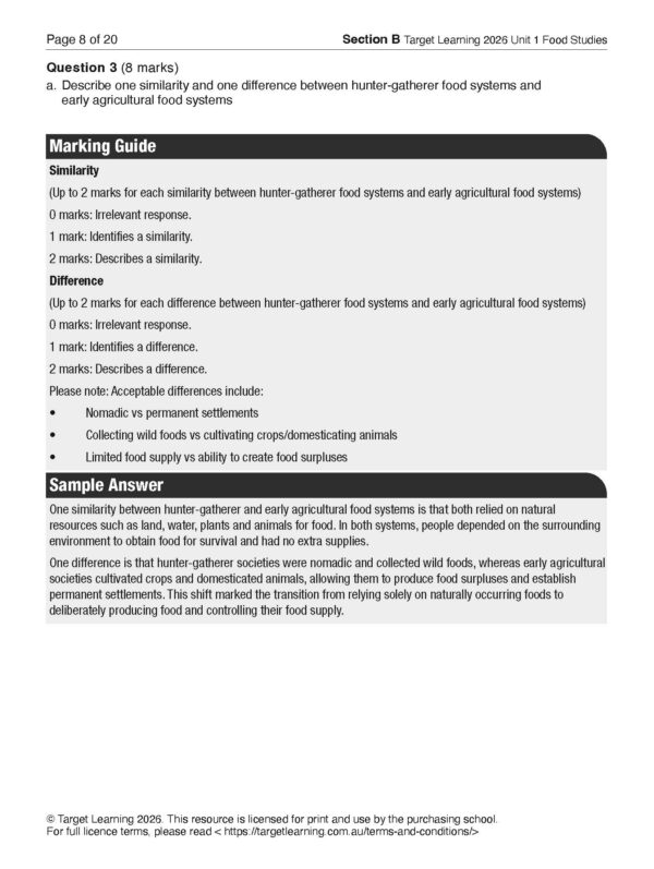 A worksheet from the 2026 Food Studies Unit 1 Examination asks students to compare hunter-gatherer and early agricultural food systems, with marking criteria, a sample answer, exam tips, and assessment guidelines included.