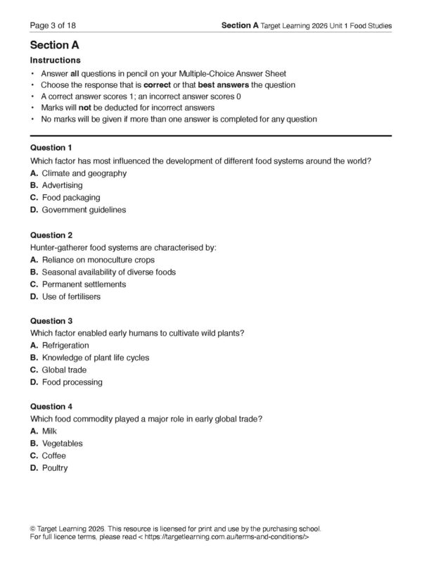 A page from the 2026 Food Studies Unit 1 Examination contains instructions and four multiple-choice questions on food systems, hunter-gatherer foods, agricultural practices, and global trade of agricultural products.