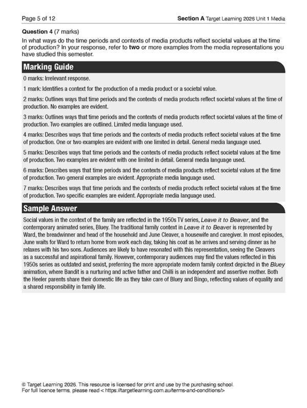 A page from the 2026 Media Unit 1 Examination includes a Marking Guide for a question on media product contexts, featuring a sample response comparing Leave It to Beaver (1950s) with its modern remake.