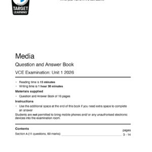 The cover page of the 2026 Media Unit 1 Examination Question and Answer Book includes instructions, exam timing, supplied materials, space for a name, and displays the Target Learning logo in the upper left corner.