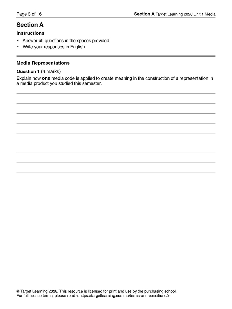 A worksheet titled Section A: Media Representations for the 2026 Media Unit 1 Examination asks students to explain how media code creates meaning in a media product, with instructions and blank lines for written responses.